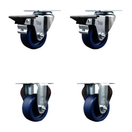 Service Caster 3'' Solid Poly Wheel Swivel Top Plate Caster Set with 2 Posi Brakes 2 Rigid, 4PK SCC-20S314-SPUS-PLB-2-R-2